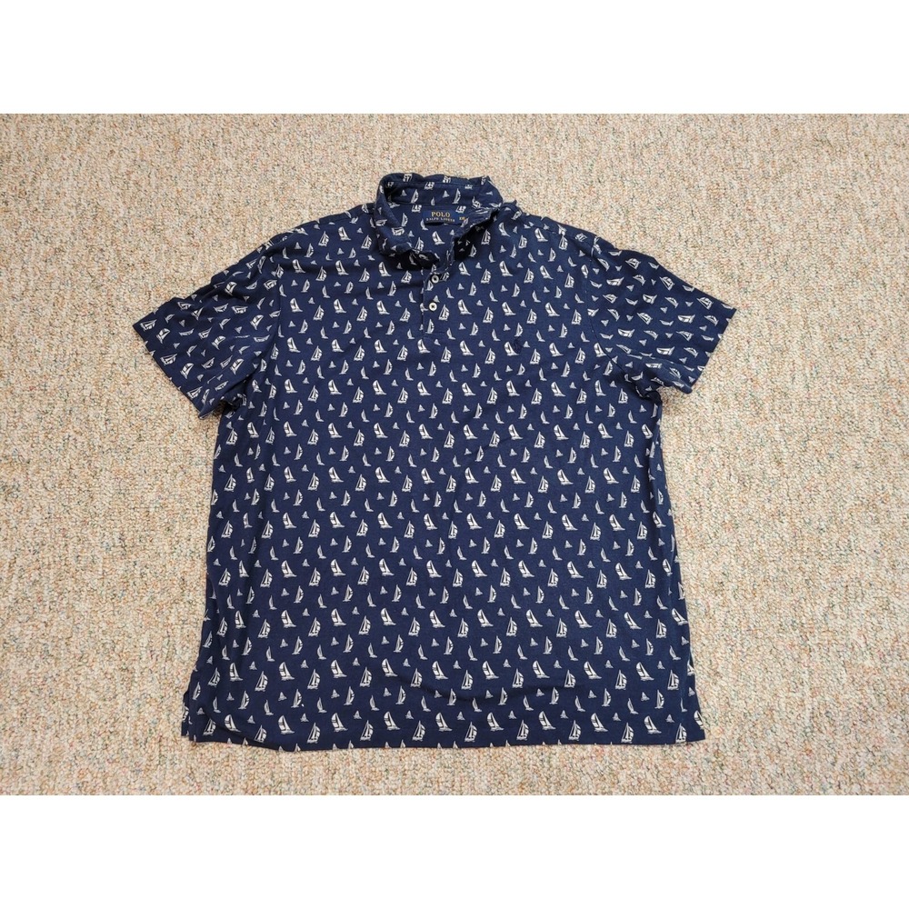 Polo Ralph Lauren Shirt Mens 2XL Navy Blue AOP Sailboats Nautical Short Sleeve